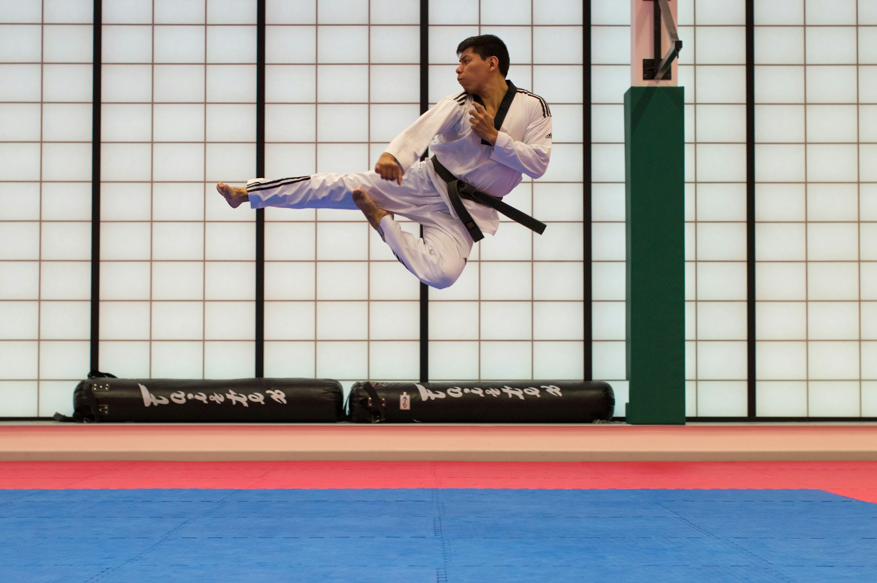 Karate student practising a controlled kick